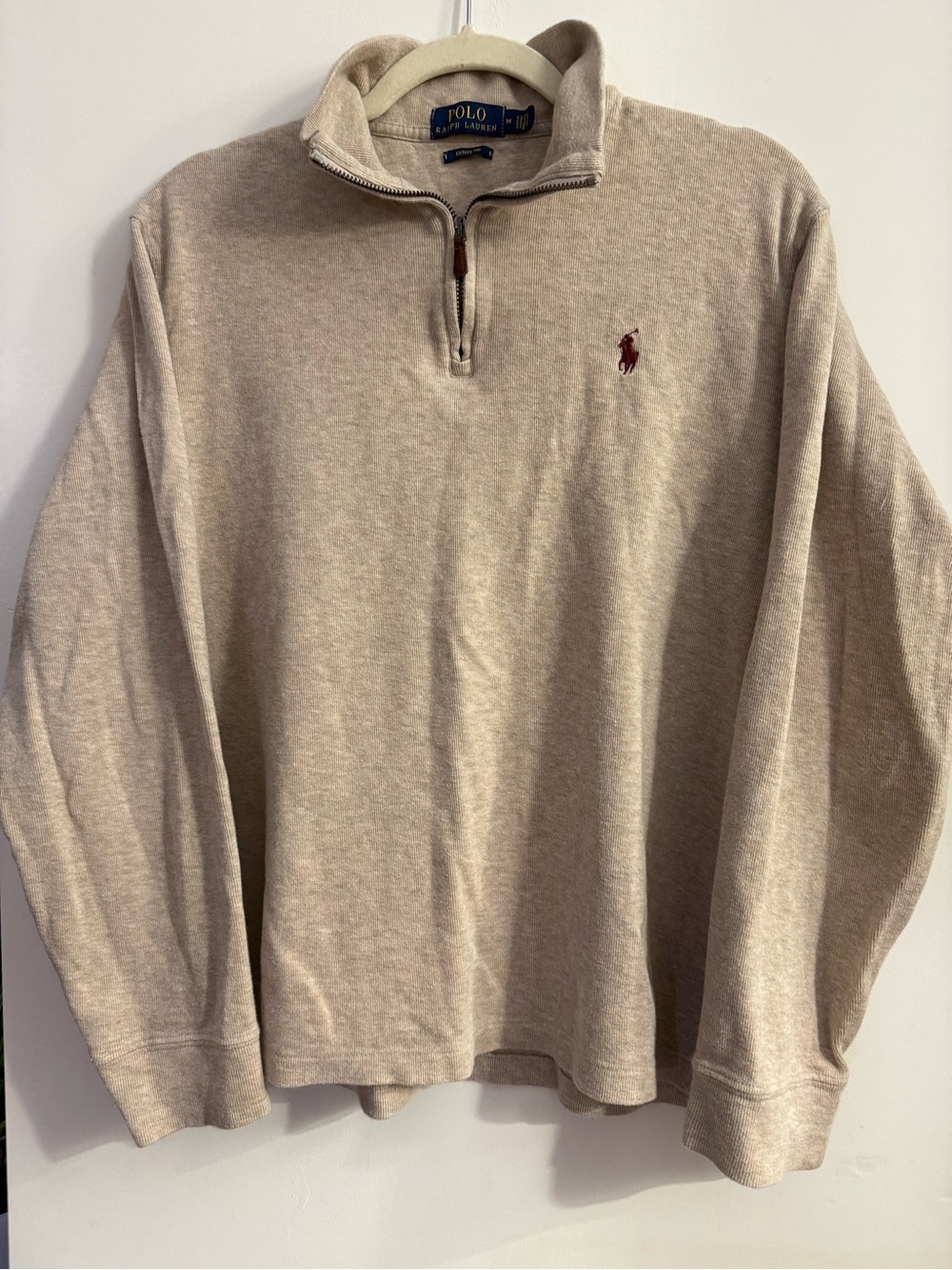 Polo by Ralph Lauren Men’s Tan Half-Zip Sweater with Maroon Pony